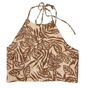HOUSE OF HARLOW Tropical Leaf Brown & Cream‎ Linen Halter Crop Top Size 6